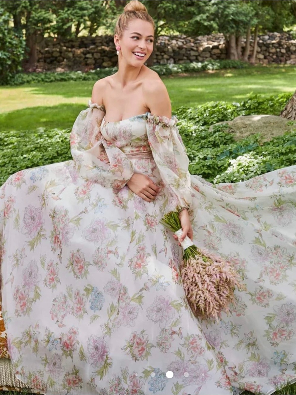 Floral Off-Shoulder BHLDN SYLVIE GOWN Maxi Dress in Pastel Print NWOT